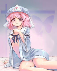 Rule 34 | 1girl, artist request, bed, breasts, female focus, gradient background, hat, non-web source, nude, pink hair, ribbon, saigyouji yuyuko, short hair, solo, touhou