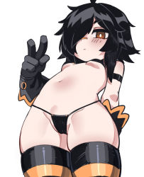 Rule 34 | 1girl, ahoge, arm behind back, bikini, black bikini, black gloves, black hair, breasts, bright pupils, brown eyes, closed mouth, cowboy shot, frown, gloves, hair over one eye, hand up, highres, leaning back, legs together, navel, nyong nyong, original, short hair, simple background, skindentation, small breasts, solo, striped clothes, striped thighhighs, swimsuit, thighhighs, thighs, v, white background, white pupils