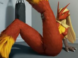 Rule 34 | 1girl, arm support, artist name, ass, beak, blaziken, blonde hair, blue eyes, breasts, colored sclera, creatures (company), female focus, furry, furry female, game freak, gen 3 pokemon, half-closed eyes, hand up, indoors, leaning back, leg lift, long hair, looking at viewer, medium breasts, nintendo, nipples, nude, on floor, pienji, pokemon, pokemon (creature), pokemon rse, punching bag, pussy, signature, sitting, solo, text focus, uncensored, yellow sclera