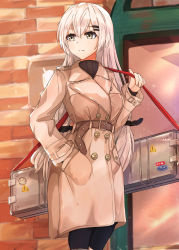 Rule 34 | 1girl, absurdres, black pantyhose, black sweater, brown coat, city, closed mouth, coat, girls&#039; frontline, grey eyes, hair ornament, hairclip, hand in pocket, highres, holding case, long hair, looking away, muteppona hito, pantyhose, silver hair, solo, standing, svd (girls&#039; frontline), sweater, turtleneck, weapon case