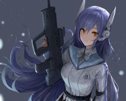Rule 34 | 1girl, absurdres, assault rifle, badge, blue hair, blue ribbon, breasts, bullpup, chan1moon, collared jacket, commission, girls&#039; frontline, grey background, gun, hair between eyes, hexagram, highres, iwi tavor, iwi tavor, iwi tavor tar-21, jacket, leotard, long hair, long sleeves, looking at viewer, medium breasts, neck ribbon, pixiv commission, red eyes, ribbon, rifle, robot ears, smile, solo, star of david, tar-21 (girls&#039; frontline), tavor tar-21, upper body, very long hair, weapon, white jacket, white leotard