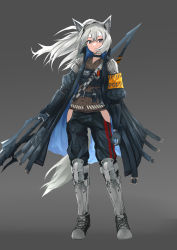 Rule 34 | 1girl, absurdres, animal ears, arknights, armband, armor, blue coat, blue pants, breasts, brown shirt, coat, commentary, english commentary, flat chest, full body, gauntlets, gloves, grani (arknights), greaves, grey background, grey eyes, grey footwear, grey gloves, grey hair, grey hat, hat, highres, hip vent, holding, holding polearm, holding spear, holding weapon, horse ears, horse girl, horse tail, infection monitor (arknights), long hair, looking at viewer, multiple straps, open clothes, open coat, pants, polearm, ponytail, popped collar, shirt, shoes, shoulder guard, small breasts, smile, sneakers, solo, spear, su (septyanss), tail, visor cap, weapon