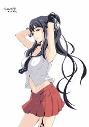 Rule 34 | 10s, 1girl, adjusting hair, armpits, arms up, black hair, breasts, female focus, garter straps, gloves, groin, kantai collection, large breasts, long hair, looking at viewer, midriff, miniskirt, nanase mizuho, navel, necktie, open mouth, parted lips, pleated skirt, ponytail, red eyes, school uniform, serafuku, simple background, skirt, solo, twitter username, very long hair, white background, white gloves, yahagi (kancolle)