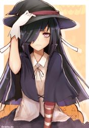 Rule 34 | 10s, 1girl, bad id, bad pixiv id, black hair, blush, gloves, hair over one eye, halloween, halloween costume, hat, hayashimo (kancolle), kantai collection, long hair, looking at viewer, purple eyes, red eyes, solo, twitter username, white gloves, witch hat, yukihama