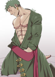 Rule 34 | 1boy, abs, closed eyes, green hair, highres, male focus, muscular, nipples, one piece, pectorals, robe, roronoa zoro, scar, smile, solo, suyohara, undressing