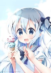 Rule 34 | 1girl, black bow, blue eyes, blue hair, blush, bow, commentary request, dated, double scoop, feeding, fingernails, food, frilled sailor collar, frills, gochuumon wa usagi desu ka?, hair between eyes, hair bow, hair ornament, hands up, holding, holding food, holding spoon, ice cream, ice cream cone, kafuu chino, long hair, neki (wakiko), nose blush, open mouth, puffy short sleeves, puffy sleeves, sailor collar, shirt, short sleeves, sidelocks, solo focus, spoon, twitter username, two side up, very long hair, white sailor collar, white shirt, x hair ornament