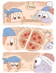 Rule 34 | anger vein, angry, bandana, bandana waddle dee, blush stickers, comic, commentary, crying, cutting, english text, fang, food, hat, highres, imagining, jester cap, kirby (series), logo, marx (kirby), nintendo, no arms, no humans, no mouth, open mouth, pepperoni, pizza, pizza cutter, shiburingaru, sign, simple background, sketch, smile, super smash bros., surprised, sweat, tan background, tears, thought bubble, trembling