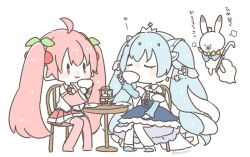 Rule 34 | 1other, 2girls, :3, puff of air, ahoge, beamed eighth notes, blue dress, blue hair, blush stickers, cane, center frills, cherry hair ornament, chibi, colored skin, commentary, cup, dessert, detached sleeves, dress, drinking, dual persona, earrings, closed eyes, floating, food, food-themed hair ornament, fortissimo, frills, full body, hair ornament, hatsune miku, holding, holding cane, holding cup, jewelry, layered dress, light blue hair, long sleeves, looking at another, miniskirt, multiple girls, musical note, musical note hair ornament, najo, neck ruff, necktie, pink eyes, pink hair, pink legwear, pink necktie, pink skirt, pink sleeves, pleated skirt, puffy detached sleeves, puffy long sleeves, puffy sleeves, rabbit, rabbit yukine, sakura miku, shirt, sitting, skirt, sleeveless, sleeveless shirt, smile, snowflake hair ornament, solid oval eyes, tea party, teacup, thighhighs, tiara, tiered tray, translated, twintails, vocaloid, white legwear, white shirt, white skin, yuki miku, yuki miku (2019)