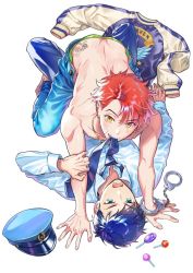 Rule 34 | 2boys, all fours, back tattoo, bandage on face, bandages, bare back, bikkusama, biting, biting clothes, blue hair, blue legwear, blue neckwear, blue pants, candy, chain, chain necklace, collarbone, collared shirt, couple, cuffs, denim, english text, eyebrows, fingernails, food, gold chain, green eyes, hair between eyes, hand on another&#039;s arm, handcuffed, handcuffs, hands on ground, hat, jacket, jeans, jewelry, letterman jacket, light blush, long sleeves, looking at viewer, lying, male focus, multiple boys, necklace, necktie, on back, open mouth, original, pale skin, pants, police, police hat, police uniform, red hair, shirt, short hair, sleeves past elbows, straddling, sweatdrop, tattoo, teeth, tongue, topless male, tramp stamp, unbuckled, unbuttoned, underwear, uniform, white background, white shirt, yaoi, yellow eyes