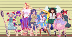 6+girls absurdres animal_ears blonde_hair blue_eyes boots brown_hair cat_ears cat_girl full_body green_shirt green_skirt height_chart highres hinanawi_tenshi horns hoshiguma_yuugi kaden_(muxt8423) kaenbyou_rin komeiji_satori long_hair multiple_girls pink_eyes purple_hair red_eyes red_hair red_horns reiuji_utsuho sheep_horns shirt skirt smile tenkajin_chiyari touhou toutetsu_yuuma white_shirt yorigami_shion