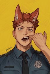 Rule 34 | 1boy, animal ear fluff, animal ears, artist name, black necktie, blue shirt, breast pocket, bright pupils, brown eyes, brown nails, collared shirt, commentary, dog ears, dog tail, english commentary, etceteraart, fangs, finger in own mouth, highres, looking at viewer, male focus, mouth pull, necktie, open mouth, original, pocket, police, police badge, police uniform, shirt, short sleeves, simple background, solo, tail, twitter username, uniform, upper body, white pupils, yellow background