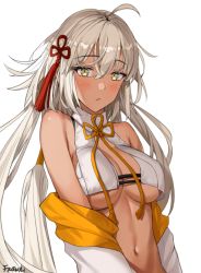 Rule 34 | 1girl, ahoge, artist name, bare shoulders, bikini, blush, breasts, cleavage, dark-skinned female, dark skin, fate/grand order, fate (series), frown (wonderland85711), hair ribbon, jacket, large breasts, looking at viewer, navel, okita souji (fate), okita souji alter (fate), okita souji alter (swimsuit saber) (fate), okita souji alter (swimsuit saber) (second ascension) (fate), open clothes, open jacket, parted lips, red ribbon, ribbon, silver hair, simple background, solo, stomach, swimsuit, tassel, underboob, upper body, white background, white bikini, white jacket, yellow eyes