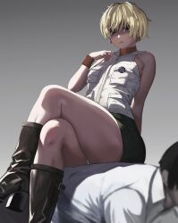 1girl blonde_hair boots dead_by_daylight heather_mason highres miniskirt pencil_skirt silent_hill_(series) silent_hill_3 sitting sitting_on_person skirt solo suzusiron thick_thighs thighs