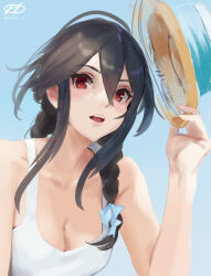 Rule 34 | 1girl, alternate costume, alternate hairstyle, artist logo, black hair, blue background, braid, breasts, brown eyes, cleavage, commentary request, haruna (kancolle), haruto (harut n), hat, unworn hat, unworn headwear, kantai collection, lips, looking at viewer, low twintails, medium breasts, one-hour drawing challenge, open mouth, solo, tank top, twin braids, twintails, upper body
