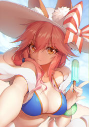 Rule 34 | :3, animal ears, beach, bikini, bikini top only, blue bikini, blue sky, blurry, bow, bracelet, breasts, cleavage, closed mouth, day, depth of field, dutch angle, ears through headwear, eyes visible through hair, fate/grand order, fate (series), food, fox ears, fox shadow puppet, hair between eyes, hair over shoulder, hat, hat bow, highres, horizon, jewelry, large breasts, long hair, looking at viewer, neko7, orange eyes, outdoors, pink hair, pinky out, popsicle, reaching, reaching towards viewer, sky, solo, sun hat, swimsuit, tamamo (fate), tamamo no mae (fate/extra), tamamo no mae (swimsuit lancer) (fate), tamamo no mae (swimsuit lancer) (third ascension) (fate), upper body, white hat
