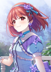 Rule 34 | 1girl, blue dress, blue ribbon, blush, brown eyes, brown hair, closed mouth, cloud, cloudy sky, dot nose, dress, earrings, fence, flower, frilled dress, frills, gloves, hair flower, hair ornament, hair ribbon, hairband, highres, idolmaster, idolmaster million live!, idolmaster million live! theater days, jewelry, looking at viewer, mikapoe, neck ribbon, nonohara akane, puffy short sleeves, puffy sleeves, ribbon, short hair, short sleeves, signature, sky, smile, solo, tree, white gloves