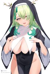 Rule 34 | 1girl, blush, breasts, ceres fauna, earrings, flower, green hair, green nails, hair flower, hair ornament, highres, hololive, hololive english, jewelry, large breasts, looking at viewer, mole, mole under eye, nun, oioi ainomo, simple background, smile, solo, virtual youtuber, wide hips, yellow eyes