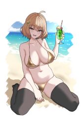 Rule 34 | 1girl, :d, ahoge, anis (nikke), bare shoulders, beach, bikini, black thighhighs, blush, breasts, brown eyes, cleavage, collarbone, drink, goddess of victory: nikke, gold bikini, holding, large breasts, light brown hair, midriff, mikan houri, navel, ocean, open mouth, sand, short hair, sitting, skindentation, smile, solo, swimsuit, thighhighs, wariza