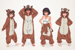 Rule 34 | 10s, 4girls, :d, akagi (fmttps), animal costume, barefoot, blue eyes, brown eyes, brown hair, chinese zodiac, closed eyes, closed mouth, clothes around waist, commentary, dark-skinned female, dark skin, freckles, frown, girls und panzer, gloves, green eyes, grey background, grey gloves, hand on own hip, hands on headwear, hands on own hips, hoshino (girls und panzer), light smile, lips, long sleeves, looking at viewer, multiple girls, nakajima (girls und panzer), open mouth, pajamas, pig costume, shirt, shirt around waist, short hair, smile, standing, suzuki (girls und panzer), tank top, tied shirt, toes up, tsuchiya (girls und panzer), twitter username, white shirt, year of the pig