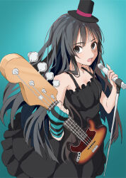 Rule 34 | 1girl, akiyama mio, bass guitar, black dress, black hair, dress, fingerless gloves, frilled dress, frills, from above, gloves, gradient background, grey eyes, hat, he shan123, highres, holding, holding instrument, instrument, k-on!, long hair, microphone, microphone stand, open mouth, solo, top hat