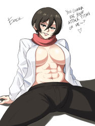 Rule 34 | 1girl, abs, arm support, black hair, black pants, breasts, breasts apart, coat, come hither, english text, hair between eyes, highres, large breasts, long sleeves, looking at viewer, mikasa ackerman, no bra, open clothes, open coat, pants, red scarf, scarf, seductive smile, shingeki no kyojin, short hair, sitting, smile, solo, tina fate