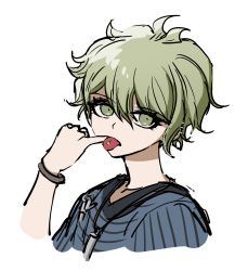 Rule 34 | 1boy, :p, amami rantaro, danganronpa (series), danganronpa v3: killing harmony, ear piercing, finger in own mouth, green eyes, green hair, hair between eyes, highres, jewelry, looking at viewer, male focus, necklace, no (xpxz7347), open mouth, piercing, shirt, short hair, simple background, solo, striped clothes, striped shirt, tongue, tongue out, upper body, white background