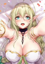 Rule 34 | 1girl, :d, ahoge, aqua eyes, armlet, armpits, arms up, bare arms, bare shoulders, bed sheet, blush, bow, braid, breasts, broken, broken chain, chain, circlet, cleavage, collar, collarbone, dorei elf no wakaokusama, elf, green bow, green hair, hair bow, highres, large breasts, looking at viewer, lying, official art, on back, open mouth, petals, pointy ears, pov, sakiyamama, single braid, smile, solo, strapless, upper body