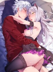 Rule 34 | 1boy, 1girl, absurdres, animal ears, armpits, asahi nayuta, bang dream!, bed, black gloves, black thighhighs, blush, bottomless, breasts, cat ears, cat tail, censored, commission, commissioner upload, fake animal ears, fang, frills, from argonavis, gloves, grey hair, hands on another&#039;s shoulders, hetero, highres, implied sex, layered skirt, long hair, medium breasts, minato yukina, mosaic censoring, nanaichi, neck ribbon, nipples, no pants, non-web source, on bed, partially undressed, pillow, purple ribbon, pussy juice, red eyes, ribbon, sex, skeb commission, skirt, sweat, sweater, tail, teeth, thighhighs, vaginal, yellow eyes