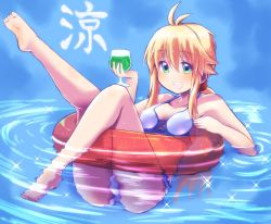 Rule 34 | 1girl, ahoge, ass, barefoot, bikini, blonde hair, breasts, commentary request, cup, drinking glass, green eyes, hair ornament, highres, holding, holding cup, holding drinking glass, innertube, kanji, koshirae tsurugi (m.m), long hair, m.m, marine day, medium breasts, on water, open mouth, original, partially submerged, ponytail, ripples, solo, sparkle, swim ring, swimsuit, white bikini