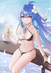 Rule 34 | 1girl, absurdres, arm behind back, arms up, azur lane, bikini, bird, blue hair, blue nails, breasts, commentary request, day, dhy-232, flower, grin, hair between eyes, hair flower, hair ornament, helena (azur lane), helena (shimmering triangle wave) (azur lane), highres, legs together, long hair, looking at viewer, looking up, medium breasts, nail polish, navel, on bench, outdoors, purple eyes, seagull, sitting, smile, solo, swimsuit, thigh gap, thighs, two-tone bikini, very long hair, white flower