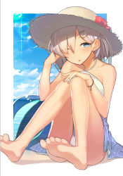 Rule 34 | 10s, 1girl, :p, bare shoulders, barefoot, beach, bikini, cloud, day, eyes visible through hair, feet, flower, hair ornament, hair over one eye, hairclip, hamakaze (kancolle), hand in own hair, hat, hat flower, highres, hitoshi, kantai collection, lens flare, md5 mismatch, one eye closed, resolution mismatch, silver hair, sitting, sky, soles, solo, source smaller, straw hat, swimsuit, toes, tongue, tongue out, water