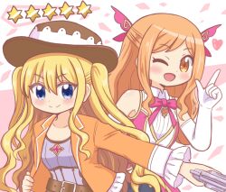 Rule 34 | 2girls, :d, ;d, ami ria, ami ria (cosplay), belt, blonde hair, blue eyes, blush, brown belt, brown headwear, closed mouth, collared shirt, cosplay, costume switch, cowboy hat, elbow gloves, eri aimi, eri aimi (cosplay), frilled jacket, frills, gloves, gun, hair between eyes, hair ribbon, hand on own hip, hand up, hat, heart, holding, holding gun, holding weapon, index finger raised, jacket, lapels, long hair, long sleeves, looking at viewer, magia record: mahou shoujo madoka magica gaiden, magical girl, mahou shoujo madoka magica, medium hair, multiple girls, one eye closed, open mouth, orange eyes, orange gemstone, orange hair, orange jacket, pink background, pink gemstone, pink ribbon, pink vest, purple shirt, reverse (bluefencer), ribbon, shirt, sidelocks, sleeveless, sleeveless shirt, smile, split mouth, swept bangs, two side up, upper body, very long hair, vest, wavy hair, weapon, white gloves, white shirt