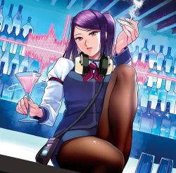 Rule 34 | 1girl, alcohol, bar (place), bartender, black pantyhose, cigarette, cocktail glass, commentary request, counter, cup, drinking glass, hayakawa pao, headphones, headphones around neck, holding, holding cup, indoors, jill stingray, long hair, long sleeves, looking at viewer, pantyhose, purple hair, red eyes, smoke, smoking, solo, swept bangs, twintails, va-11 hall-a