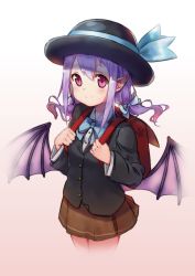 Rule 34 | 1girl, absurdres, anaiming, backpack, bag, bat wings, beige background, black hat, black jacket, blue bow, blue bowtie, blue ribbon, blush, bow, bowler hat, bowtie, brown skirt, commentary request, cowboy shot, gradient background, hair between eyes, hair bow, hair ribbon, hat, highres, holding, jacket, long hair, long sleeves, low twintails, low wings, paw print, pio (potion maker), pleated skirt, pointy ears, potion maker, purple eyes, purple hair, randoseru, ribbon, school uniform, shirt, sidelocks, simple background, sketch, skirt, smile, solo, standing, twintails, white background, white shirt, wings