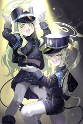Rule 34 | 2girls, absurdres, black hat, black jacket, black shorts, black skirt, black tail, blue archive, blush, buza006, demon tail, gloves, green hair, hair between eyes, hat, highres, hikari (blue archive), jacket, long hair, long sleeves, multiple girls, nozomi (blue archive), open mouth, pantyhose, peaked cap, pleated skirt, pointy ears, shorts, siblings, sisters, skirt, smile, tail, twins, twintails, white gloves, white pantyhose, yellow eyes