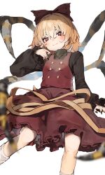 Rule 34 | 1girl, arthropod limbs, black nails, blonde hair, bow, brown dress, brown eyes, closed mouth, dress, feet out of frame, hair bow, highres, kurodani yamame, long sleeves, pocche-ex, short hair, simple background, solo, touhou, white background