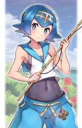 Rule 34 | 1girl, bare arms, blue eyes, blue hair, blue pants, blue sailor collar, blush, bright pupils, cloud, collarbone, commentary, covered navel, creatures (company), day, eyelashes, fishing rod, freckles, game freak, hairband, highres, holding, holding fishing rod, lana (pokemon), looking at viewer, nintendo, no sclera, outdoors, pants, parted lips, pokemon, pokemon sm, sailor collar, shirt, short hair, sky, sleeveless, sleeveless shirt, solo, white pupils, white shirt, yasu suupatenin, yellow hairband