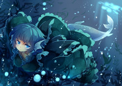 Rule 34 | 1girl, blue eyes, blue hair, fins, head fins, japanese clothes, looking at viewer, matching hair/eyes, mermaid, monster girl, sketch, solo, submerged, swimming, touhou, underwater, wakasagihime, yetworldview kaze
