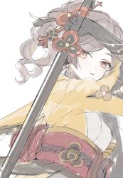 Rule 34 | 1girl, asa (1asa-0-asa1), brown hair, chiori (genshin impact), commentary request, genshin impact, highres, holding, holding sword, holding weapon, katana, long hair, obi, orange eyes, ponytail, red sash, sash, simple background, solo, sword, upper body, weapon, white background
