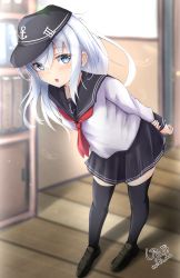 Rule 34 | 1girl, :o, absurdres, anchor symbol, arms behind back, artist name, bent over, black footwear, black hat, black skirt, black thighhighs, blue eyes, blush, bookshelf, commentary, full body, giraffe (ilconte), hat, hibiki (kancolle), highres, indoors, kantai collection, long hair, long sleeves, looking at viewer, open mouth, pleated skirt, school uniform, shirt, shoes, signature, skirt, solo, standing, thighhighs, uniform, white hair, white shirt