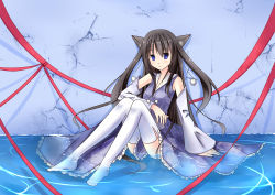 Rule 34 | 1girl, animal ears, black hair, blue eyes, cat ears, detached sleeves, hair ornament, highres, in water, long hair, looking at viewer, no shoes, original, parafox, parted lips, sitting, solo, thighhighs, white thighhighs