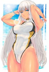 Rule 34 | 1girl, blue eyes, bracelet, breasts, competition swimsuit, dark-skinned female, dark skin, jewelry, large breasts, long hair, looking at viewer, medium breasts, mole, mole under mouth, one-piece swimsuit, original, panzer (p.z), silver hair, solo, swimsuit, tan, tanline, wet