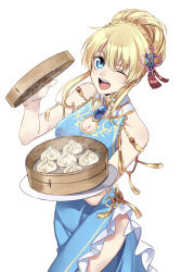 Rule 34 | 1girl, ;d, blonde hair, blue dress, blue eyes, braid, braided bun, breasts, cleavage, cleavage cutout, clothing cutout, collarbone, cowboy shot, dress, floating hair, food, hair between eyes, hair bun, hair over one eye, holding, holding plate, kirimi maguro, lilith aileron, long hair, looking at viewer, medium breasts, one eye closed, open mouth, plate, side slit, sidelocks, simple background, single hair bun, sleeveless, sleeveless dress, smile, solo, standing, tales of (series), tales of destiny, teeth, upper teeth only, white background