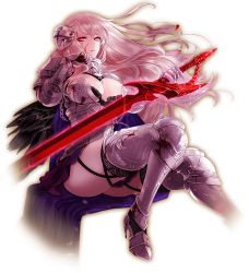 Rule 34 | 1girl, apt, armor, black wings, blood, blood on face, breasts, gauntlets, gorget, greaves, gyakushuu no fantasica, huge breasts, long hair, looking at viewer, official art, pauldrons, red eyes, shoulder armor, silver hair, sitting, solo, sword, transparent background, very long hair, weapon, wings