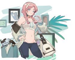 Rule 34 | 1girl, arknights, bag, blue eyes, blue pants, blue poison (arknights), blue poison (shoal beat) (arknights), bottle, braid, character name, collarbone, commentary, contrapposto, duffel bag, english commentary, groin, gun, hairband, hand on own hip, hand up, highres, holding, holding bottle, jacket, light smile, long hair, long sleeves, looking at viewer, midriff, navel, off shoulder, official alternate costume, pants, parted lips, picture frame, pink hair, shoulder bag, siguma (13238772100), solo, sports bra, suitcase, sweat, twin braids, water bottle, weapon, white background, white jacket, white sports bra