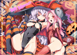 Rule 34 | 2girls, bad id, bad pixiv id, breasts, cameltoe, candy, cape, chainsaw, cleft of venus, covered erect nipples, elbow gloves, food, gloves, halloween, happy halloween, hat, highres, hockey mask, homura subaru, jack-o&#039;-lantern, large breasts, leotard, lollipop, long hair, looking at viewer, mask, multiple girls, nipples, original, pink hair, pumpkin, red eyes, striped clothes, striped legwear, striped thighhighs, thighhighs, trick or treat, white hair, witch hat, yuri