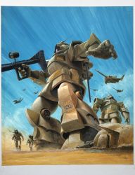 Rule 34 | 2boys, bazooka (gundam), box art, cable, desert, dom tropical test type, dopp, gun, gundam, gundam msv, helmet, highres, holding, holding gun, holding weapon, looking to the side, magella attack, mecha, mobile suit, multiple boys, official art, one-eyed, open hand, pink eyes, robot, ryukow masseau, science fiction, soldier, weapon, zeon