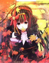 Rule 34 | 1girl, absurdres, artist name, autumn, autumn leaves, black choker, black hair, black kimono, blurry, blurry foreground, blush, bow, brown eyes, choker, collarbone, commentary, commission, covered mouth, depth of field, drill hair, floral print, flower, hair between eyes, hair bow, hair flower, hair ornament, hand up, highres, holding legs, huge filesize, japanese clothes, kimono, lawnielle, leaf, long sleeves, maple leaf, multicolored hair, off shoulder, original, outdoors, pink flower, print kimono, red flower, red hair, solo, streaked hair, sunlight, sunset, torii, upper body, wide sleeves, yellow bow