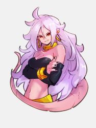 Rule 34 | 1girl, android 21, bare shoulders, black nails, breasts, cleavage, colored skin, crossed arms, dragon ball, dragon ball fighterz, earrings, fingernails, hair between eyes, hoop earrings, jewelry, kemachiku, long hair, looking at viewer, majin android 21, medium breasts, nail polish, navel, pink hair, pink skin, red eyes, smile, solo, tail, upper body