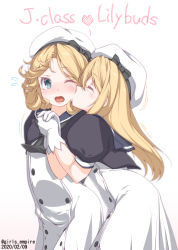 Rule 34 | 2girls, beret, blonde hair, blue eyes, blue sailor collar, blush, kissing cheek, dress, el (canon jihad), gloves, holding hands, hat, janus (kancolle), jervis (kancolle), kantai collection, kiss, long hair, multiple girls, one-hour drawing challenge, one eye closed, sailor collar, sailor dress, sailor hat, short hair, smile, white dress, white gloves, white headwear